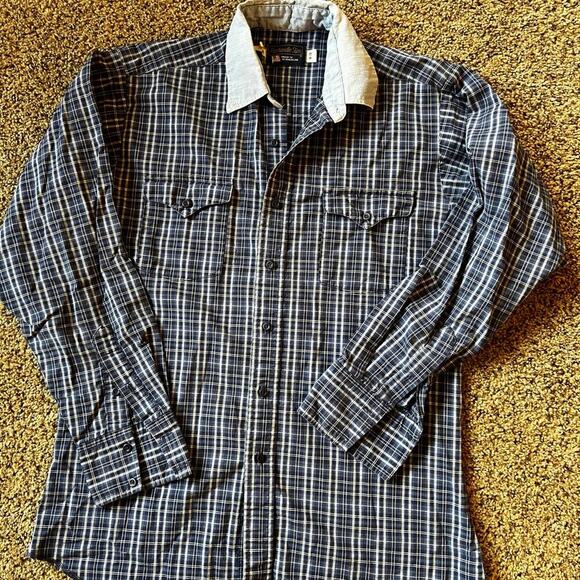Panhandle Slim, men's size 16–35  (L) Western shirt blue chambray plaid - Picture 1 of 6